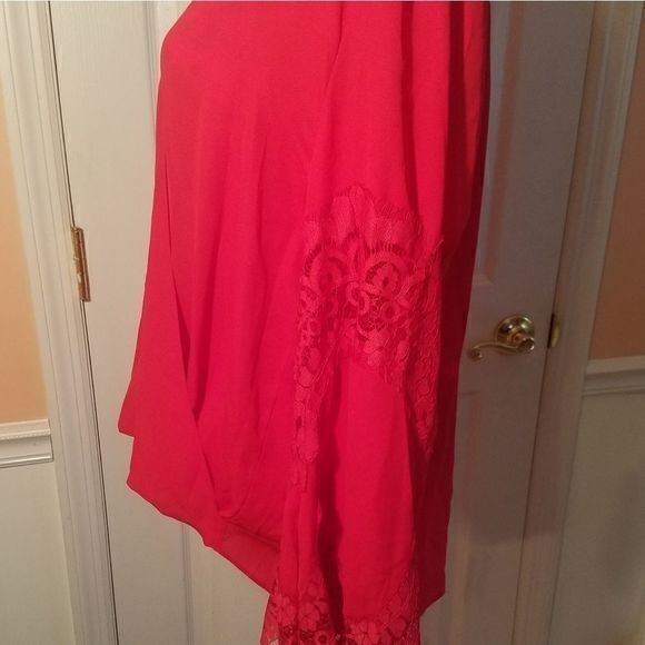 INC Red Blouse with Lace Detail Bell Sleeves - Picture 3 of 5